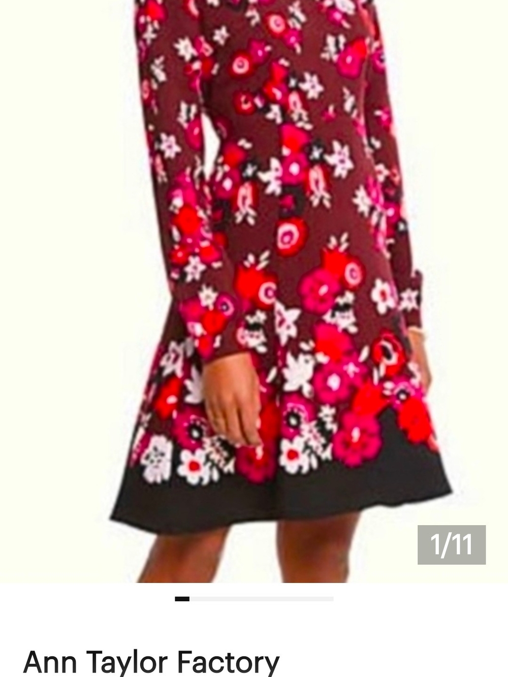 Ann Taylor Floral Long-Sleeve Fit-and-Flare Dress in Burgundy, Pink and Black